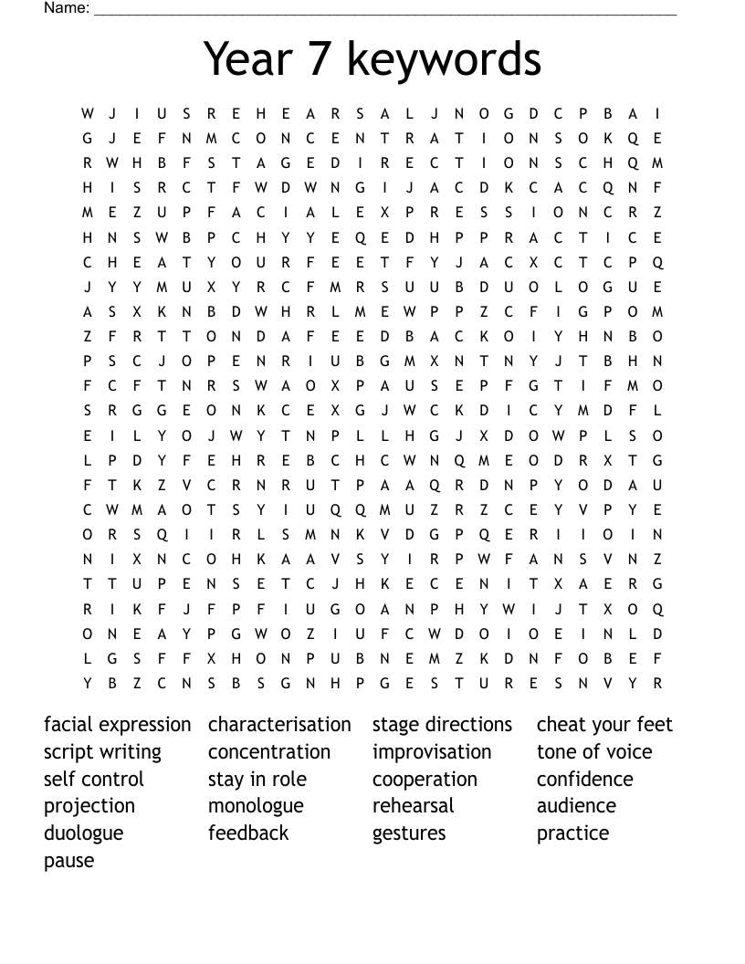 Year 7 keywords Word Search
