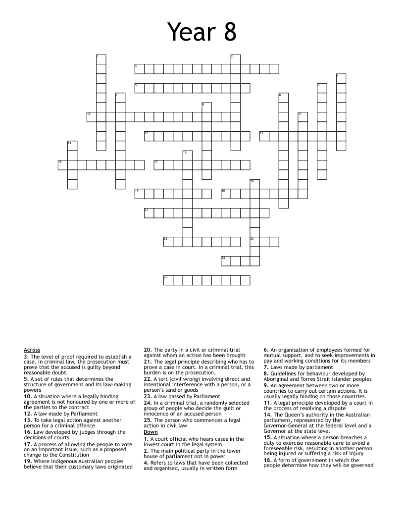Year 8 Crossword