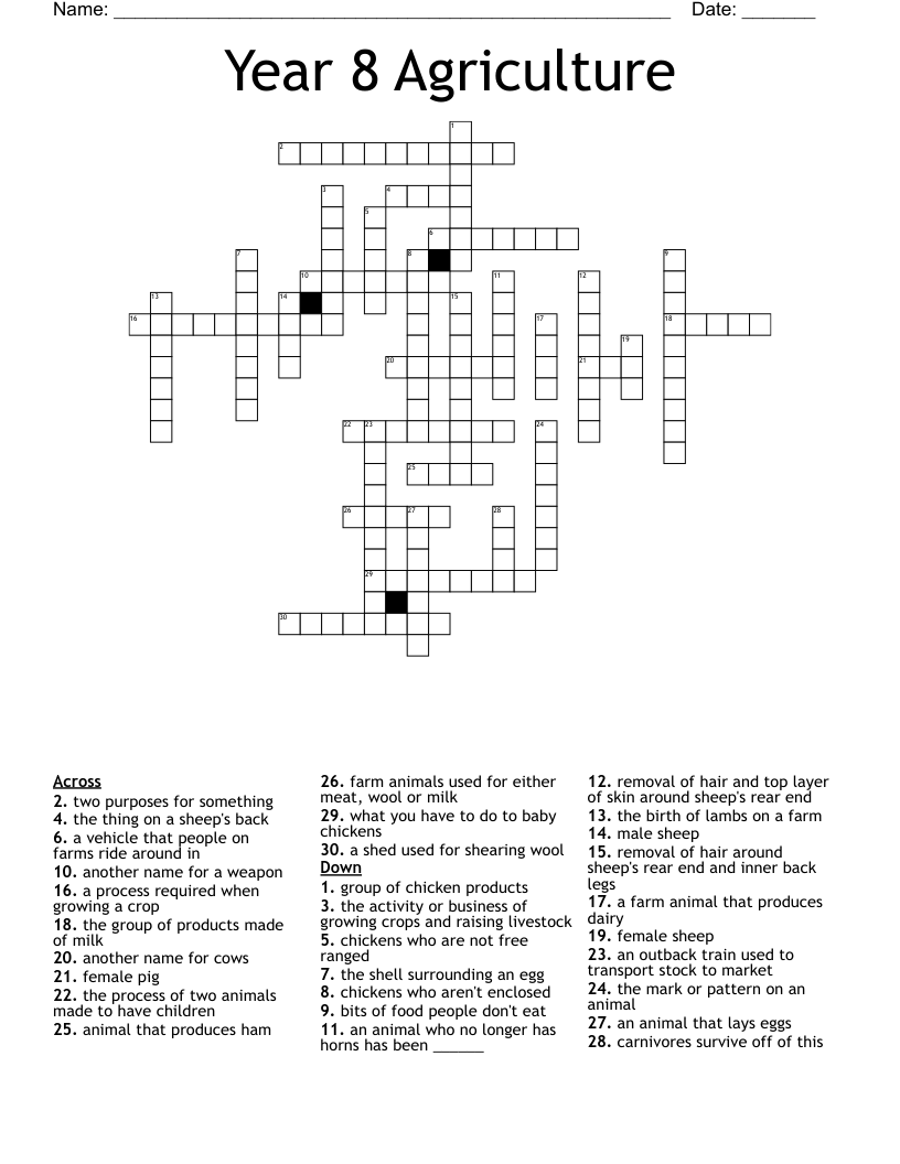 Year 8 Agriculture Crossword