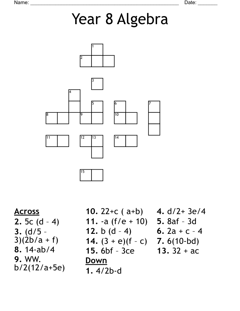 Year 8 Algebra Crossword