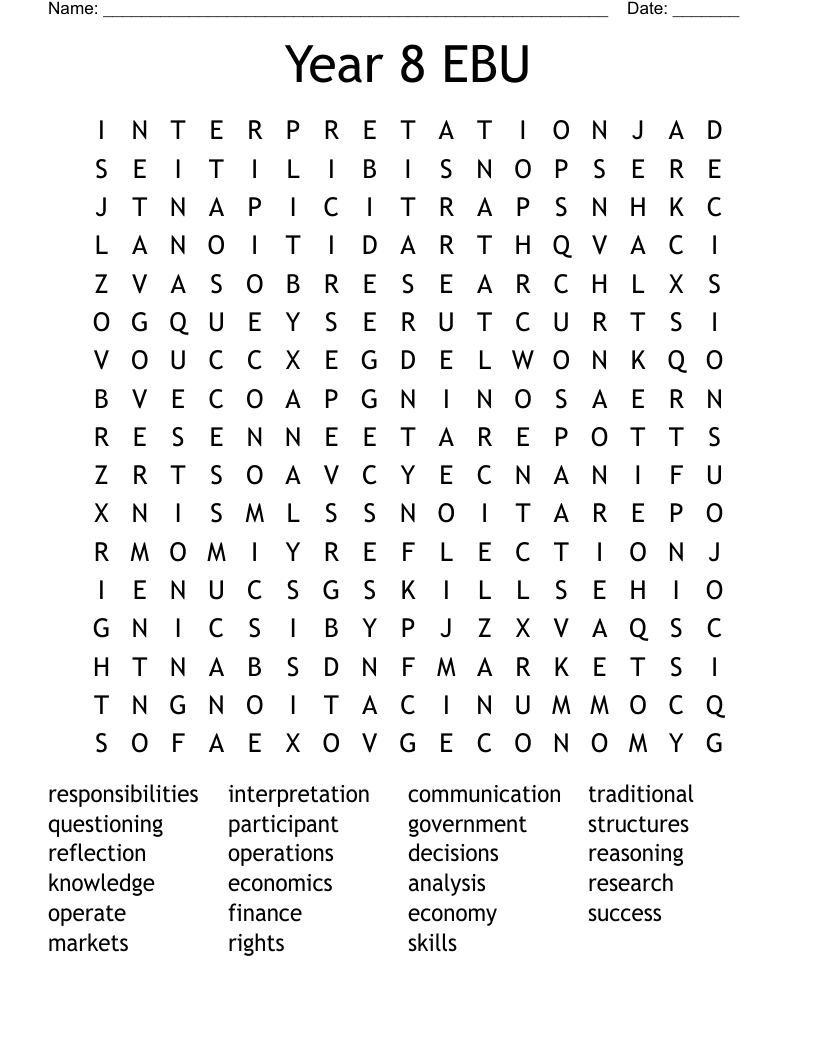 Year 8 EBU Word Search