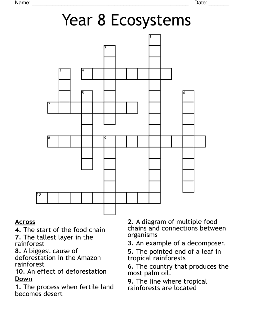 Year 8 Ecosystems Crossword