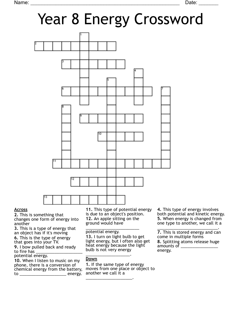 Year 8 Energy Crossword