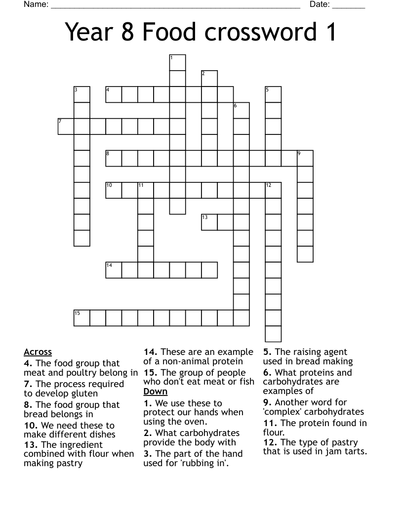 Year 8 Food crossword 1