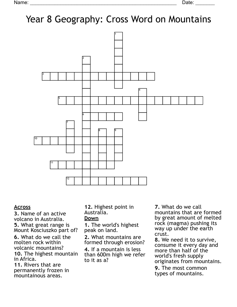 Year 8 Geography: Cross Word on Mountains 