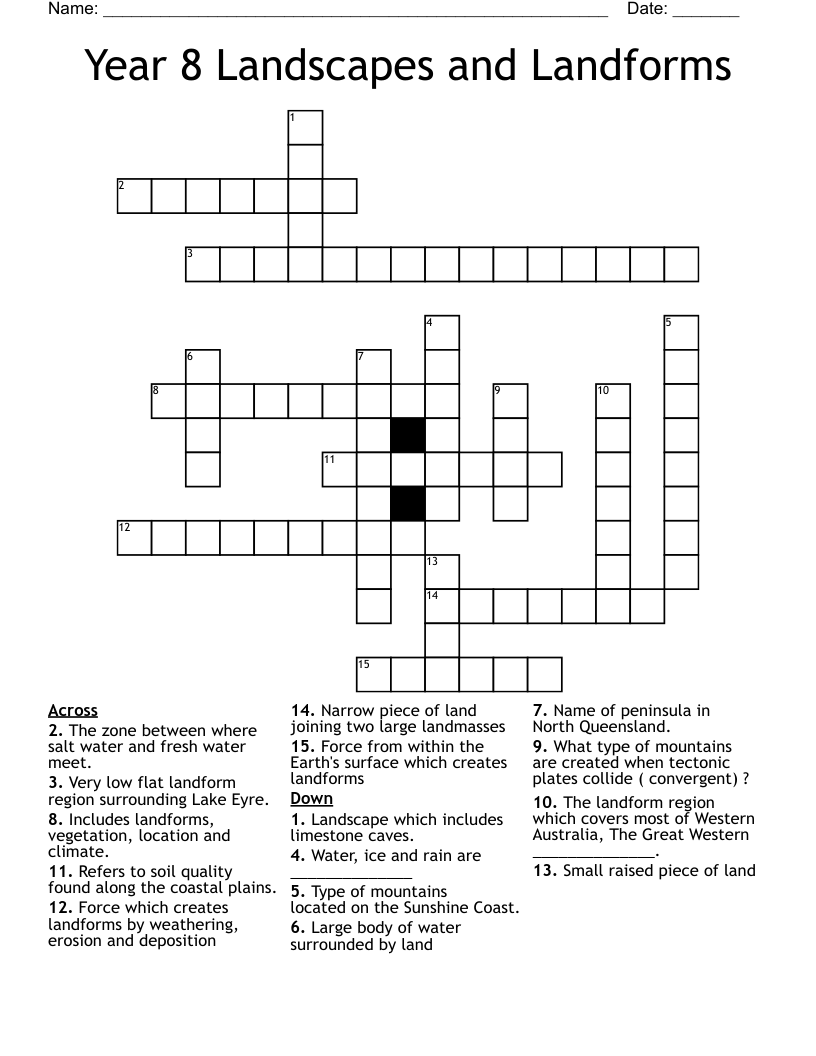 Year 8 Landscapes and Landforms Crossword