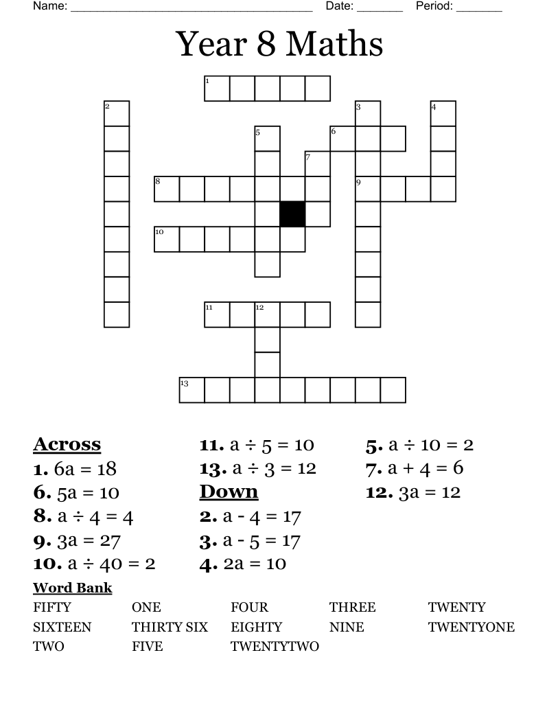 Year 8 Maths  Crossword