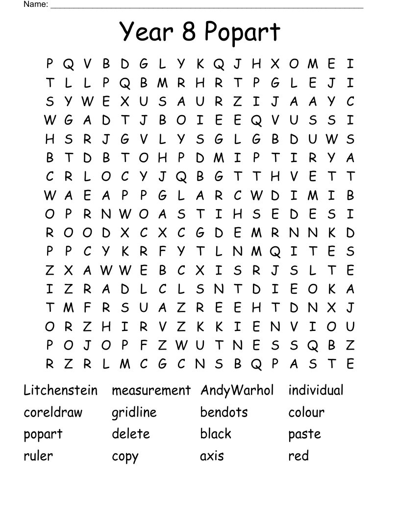 Year 8 Popart Word Search