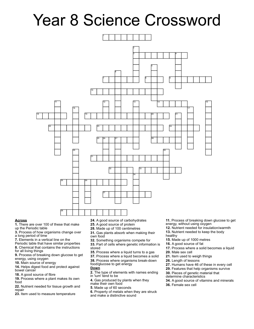 Year 8 Science Crossword