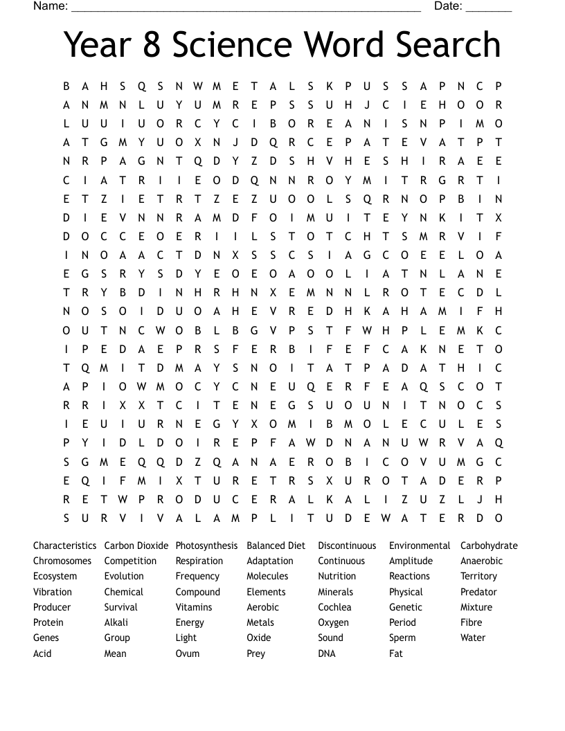 Year 8 Science Word Search