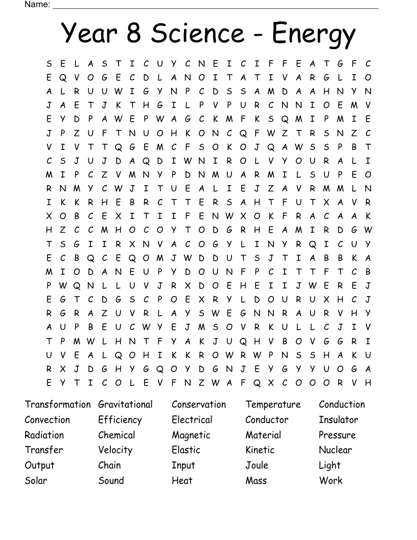 Year 8 Science - Energy  Word Search