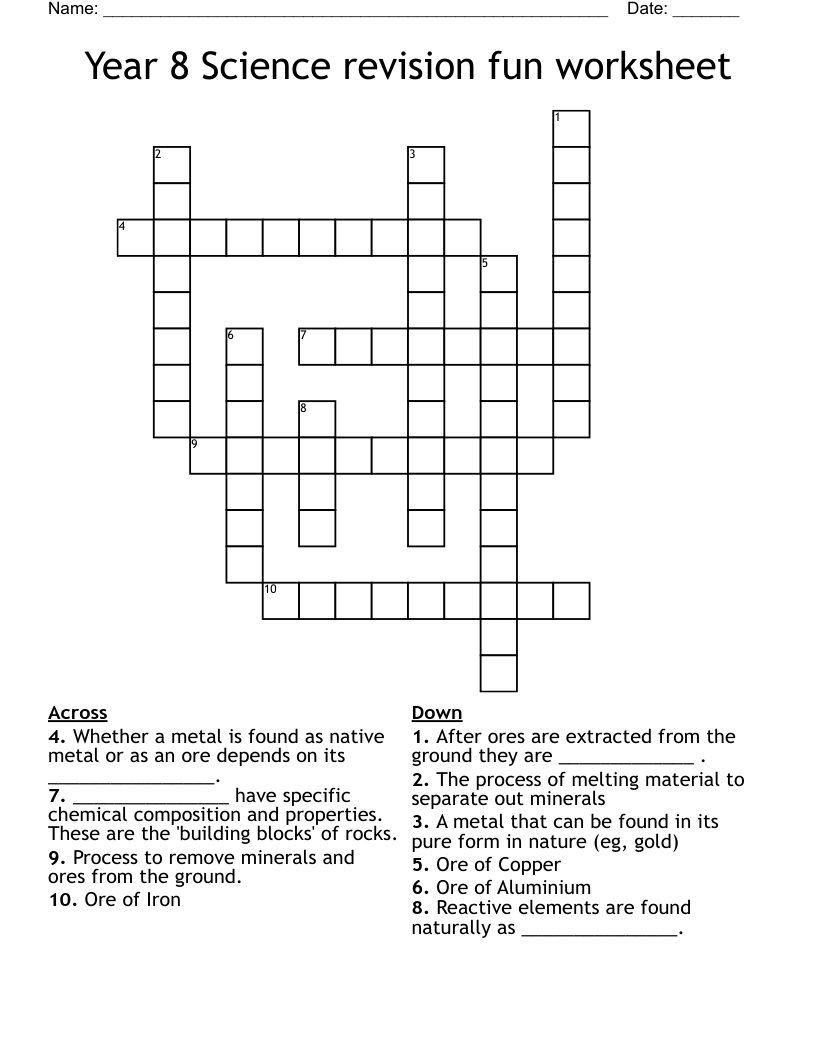Year 8 Science revision fun worksheet Crossword