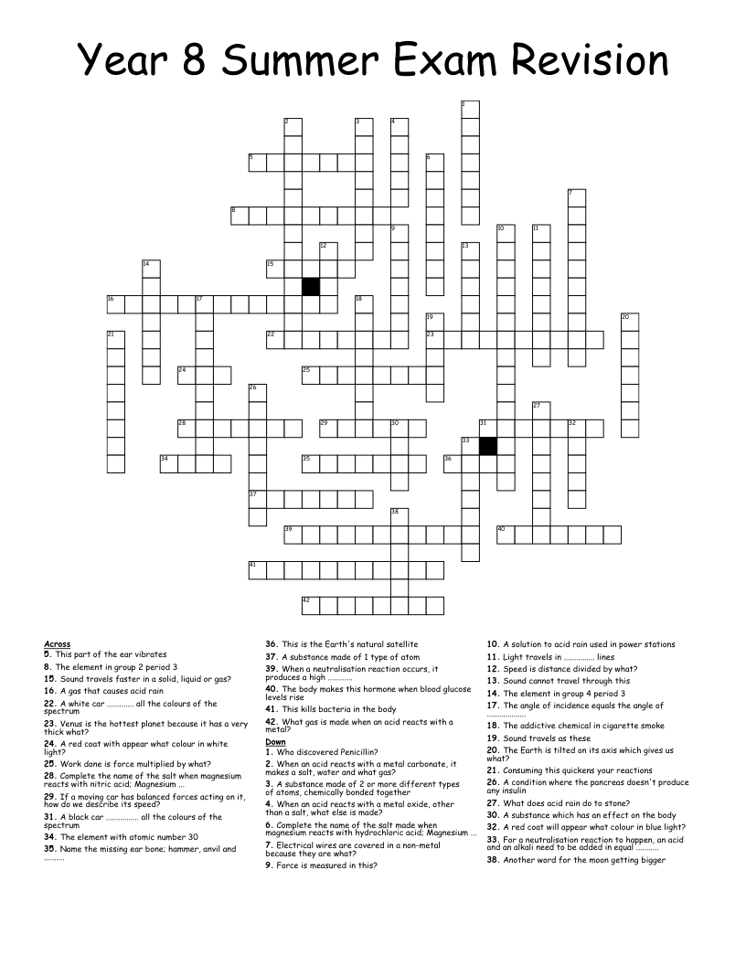 Year 8 Summer Exam Revision Crossword