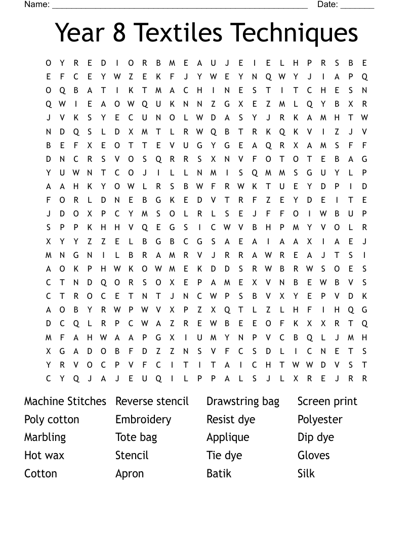 Year 8 Textiles Techniques Word Search