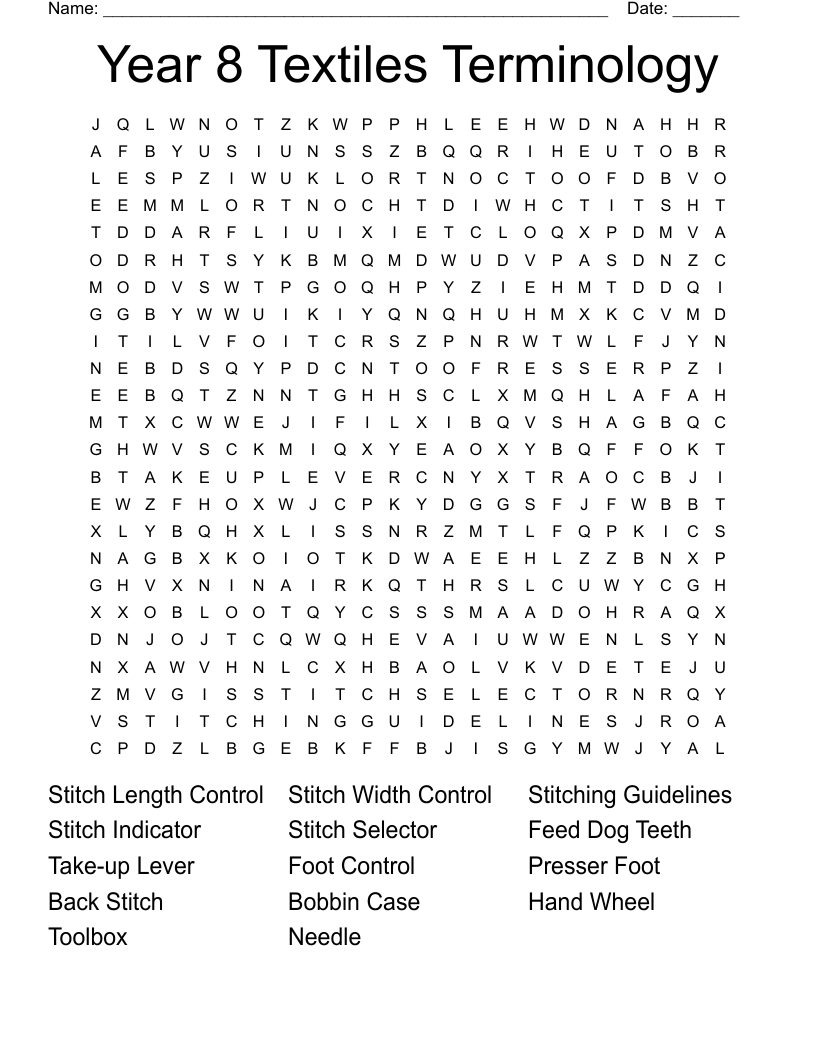 Year 8 Textiles Terminology Word Search