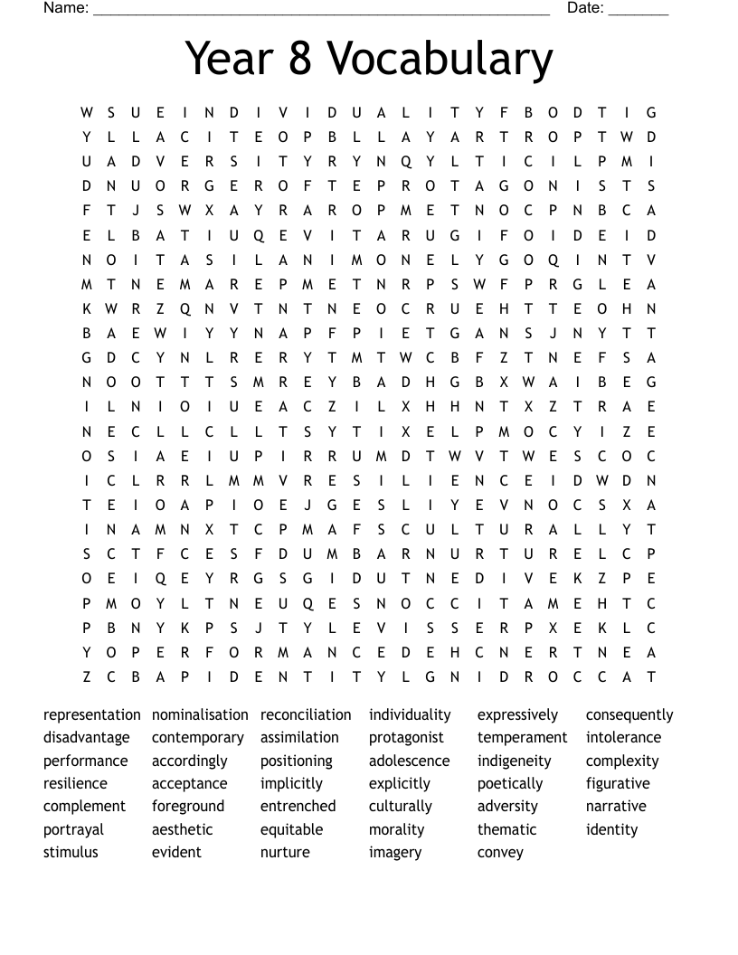 Year 8 Vocabulary  Word Search