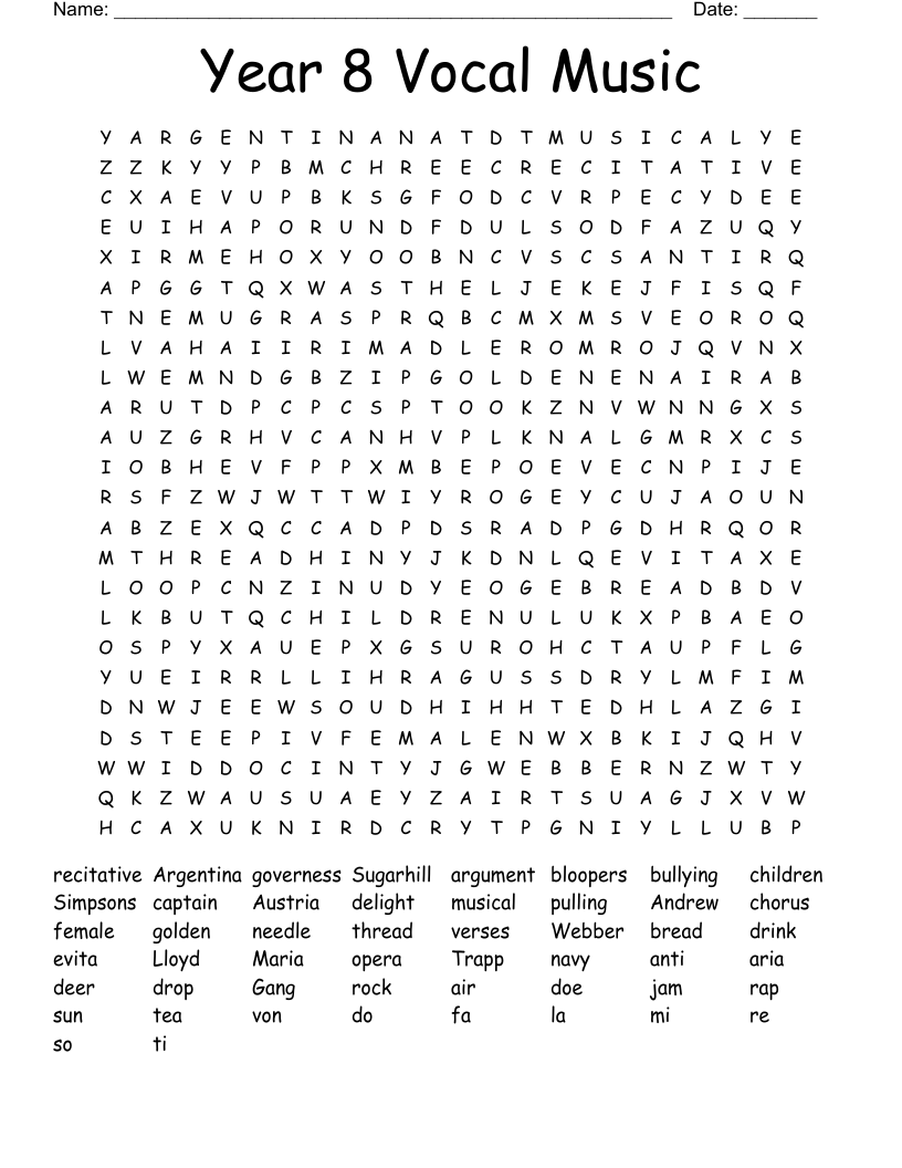 Year 8 Vocal Music Word Search