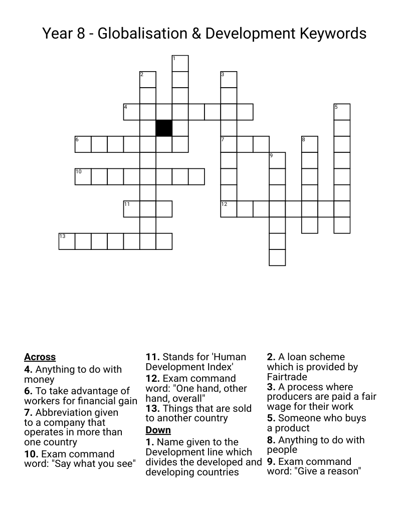 Year 8 - Globalisation & Development Keywords Crossword