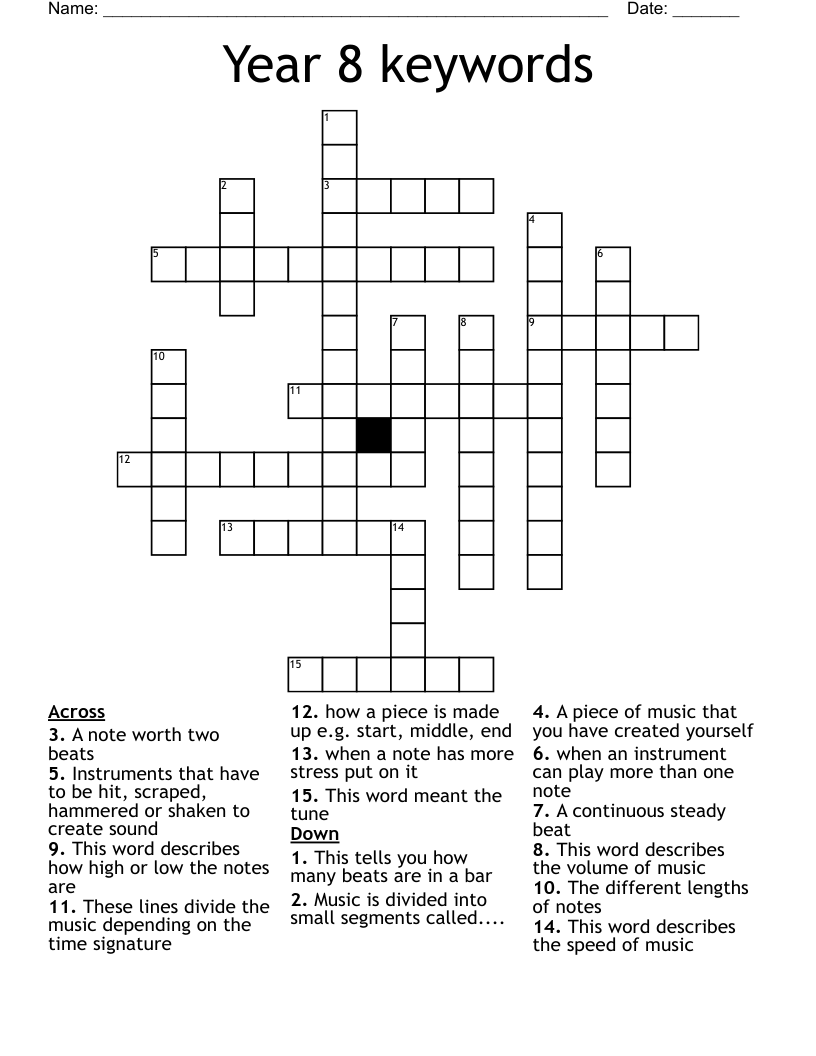 Year 8 keywords Crossword