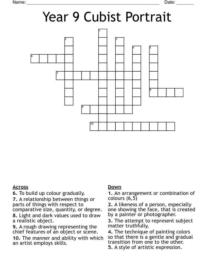 Year 9 Cubist Portrait Crossword