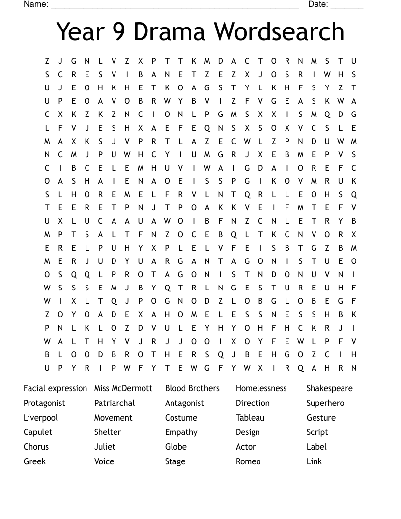 Year 9 Drama Wordsearch 