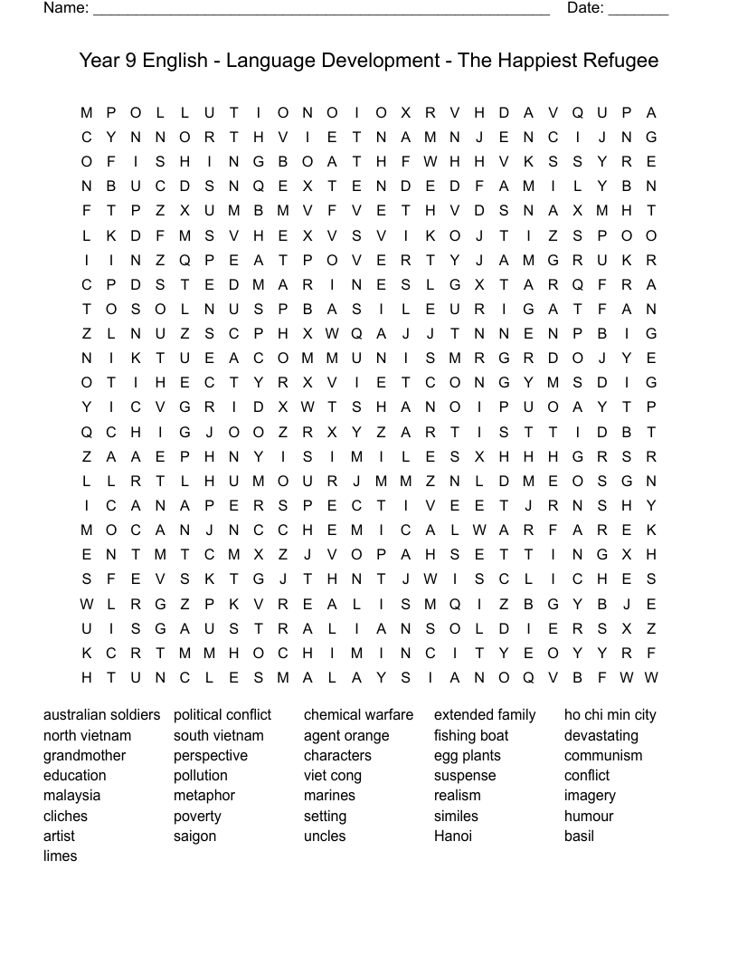 Year 9 English - Language Development  - The Happiest Refugee Word Search
