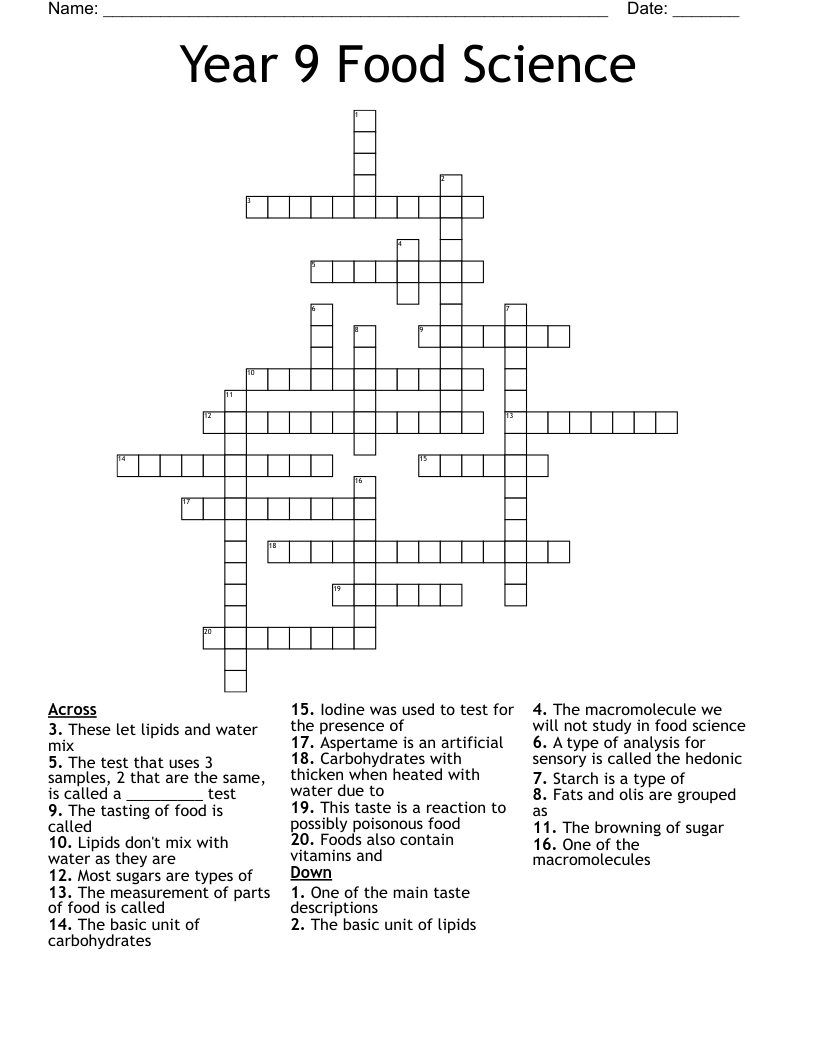 Year 9 Food Science Crossword