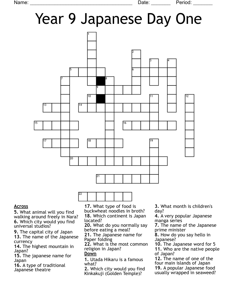 Year 9 Japanese Day One Crossword