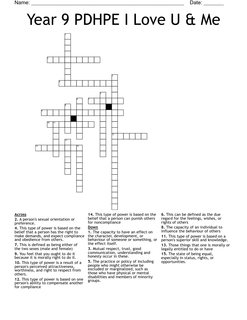 Year 9 PDHPE I Love U & Me Crossword