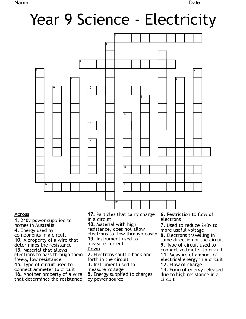 Year 9 Science - Electricity Crossword
