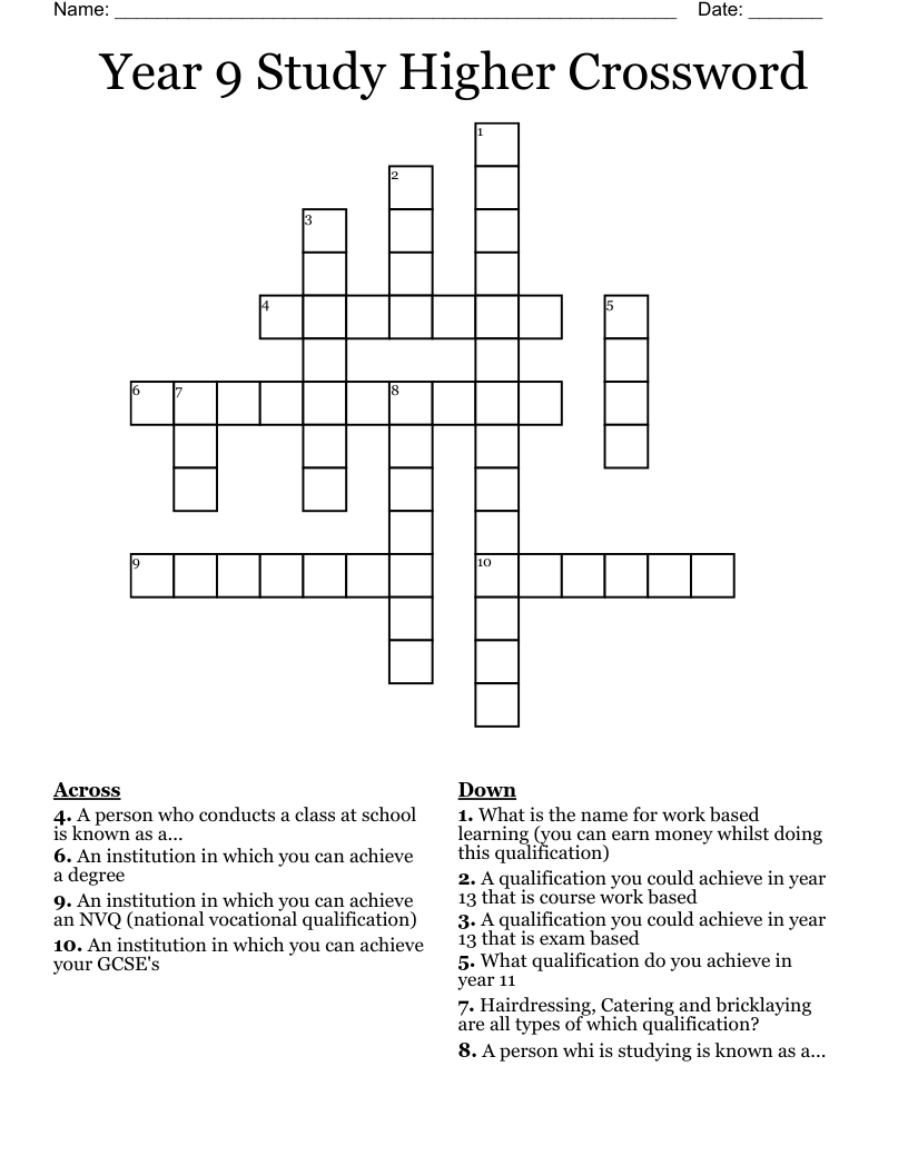 Year 9 Study Higher Crossword 