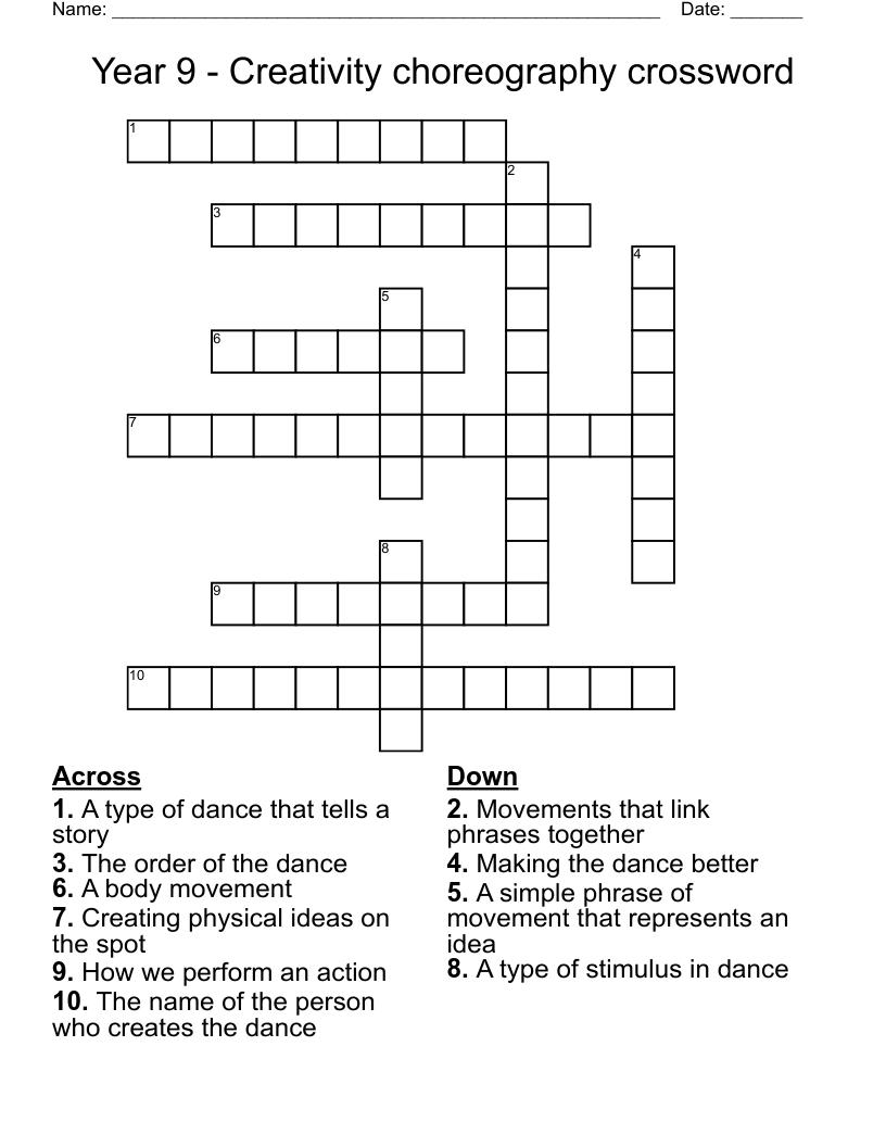 Year 9 - Creativity choreography crossword