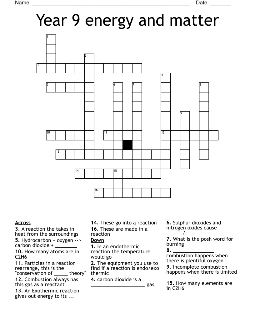 Year 9 energy and matter Crossword