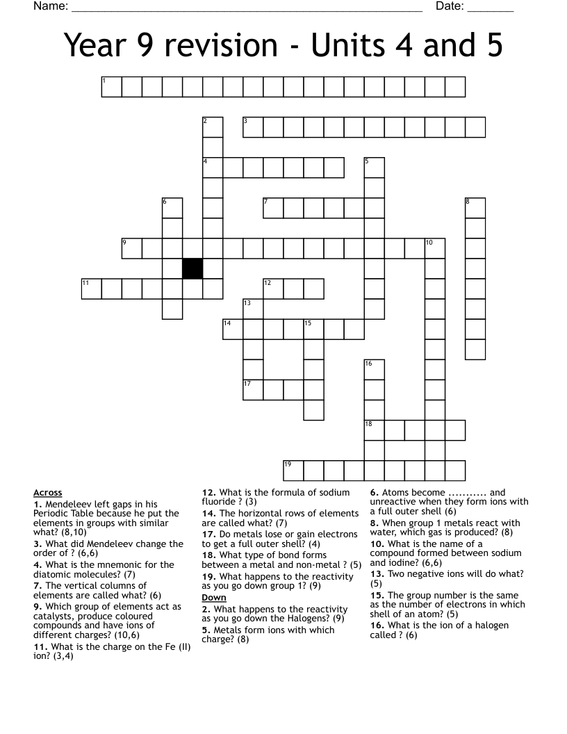 Year 9 revision - Units 4 and 5  Crossword