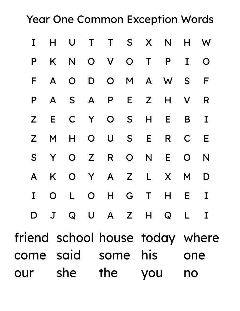 Year One Common Exception Words  Word Search