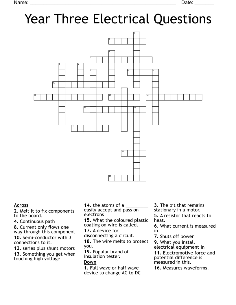 Year Three Electrical Questions Crossword