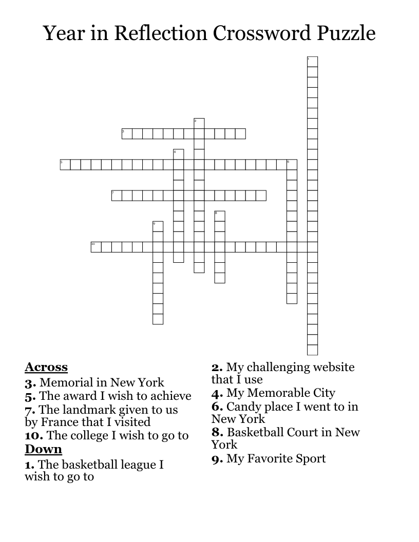 Year in Reflection Crossword Puzzle