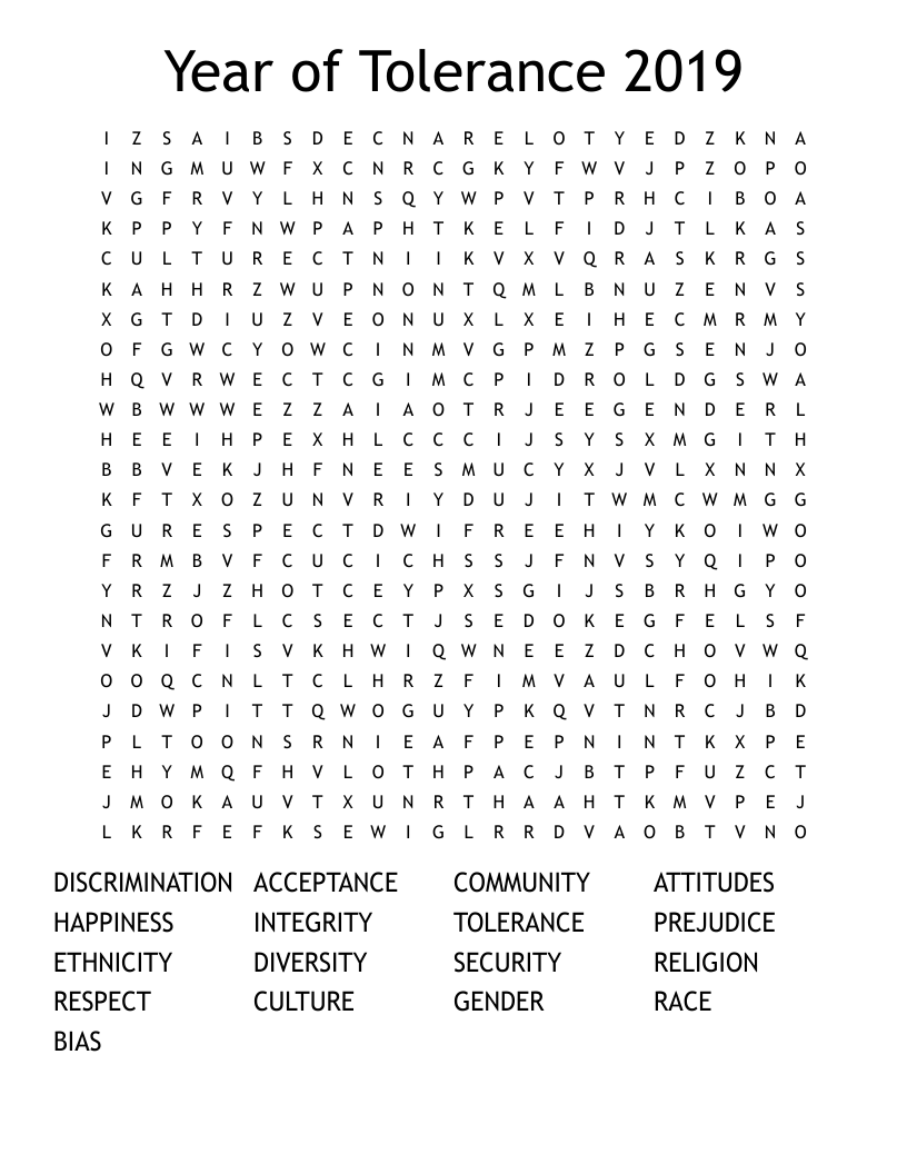 Year of Tolerance 2019 Word Search
