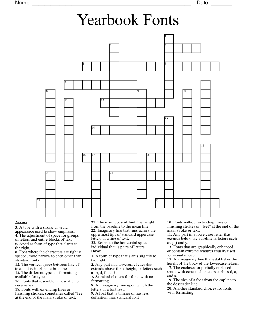 Yearbook Fonts Crossword