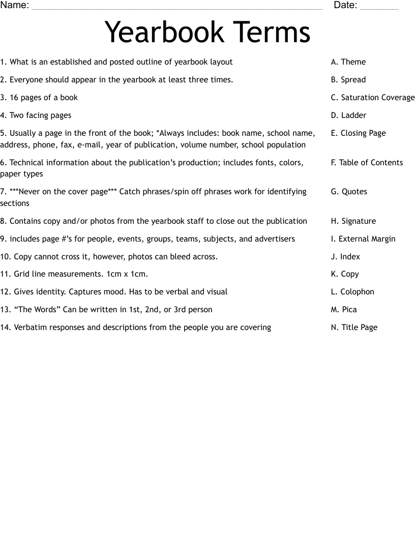 Yearbook Terms Worksheet