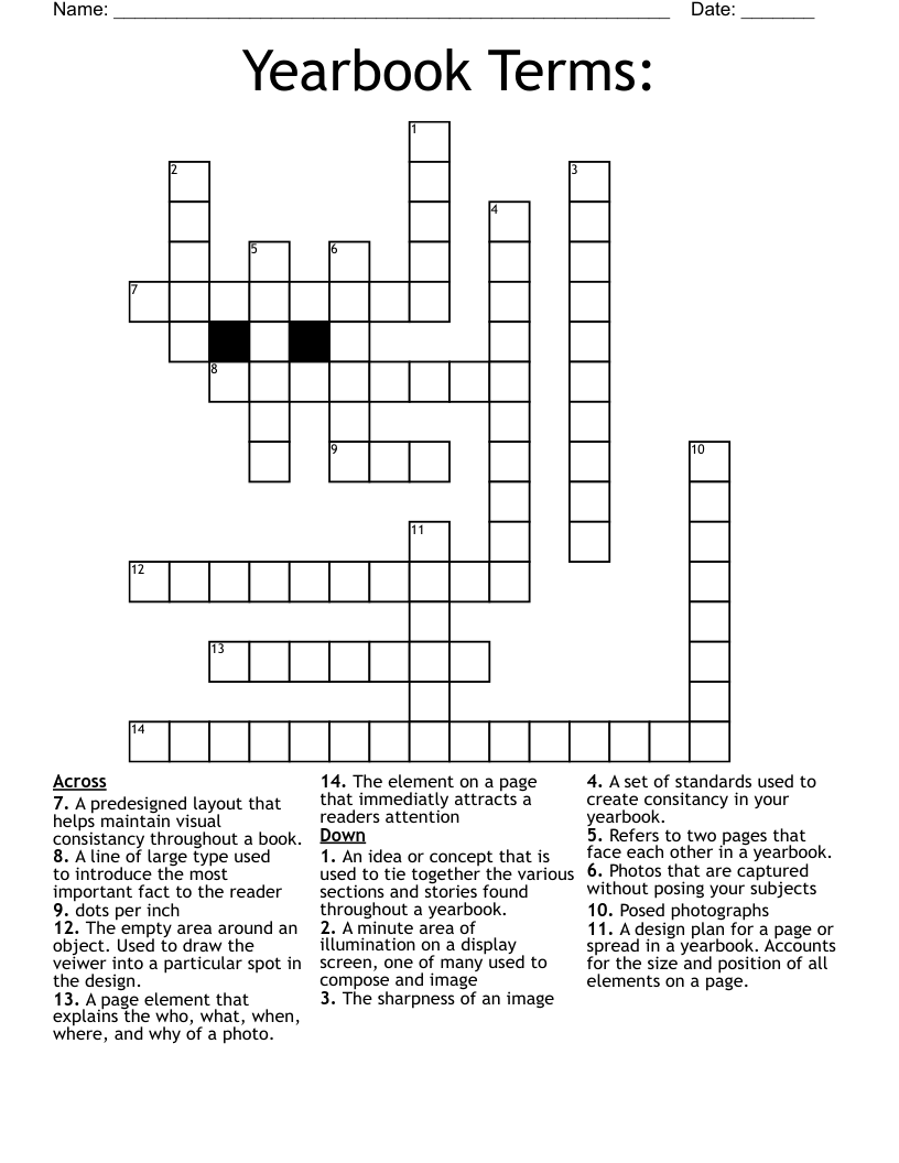 Yearbook Terms:  Crossword