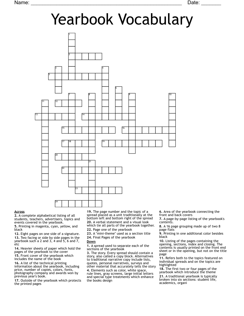 Yearbook Vocabulary Crossword