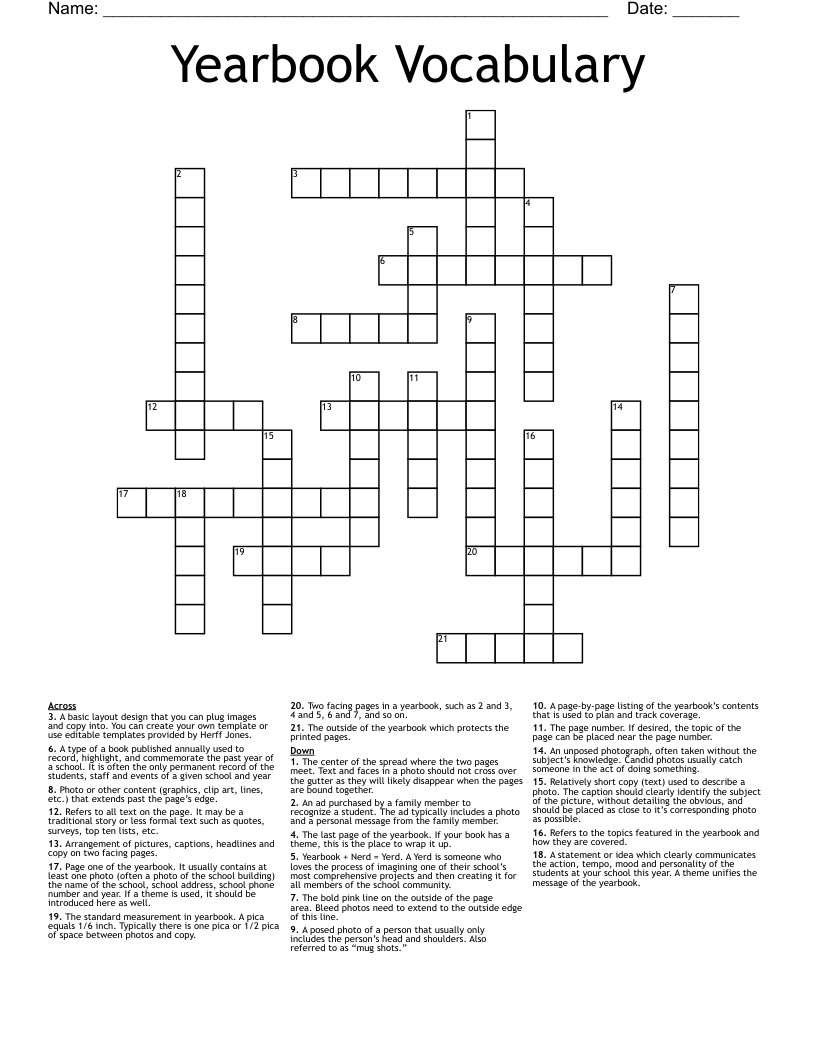 Yearbook Vocabulary Crossword