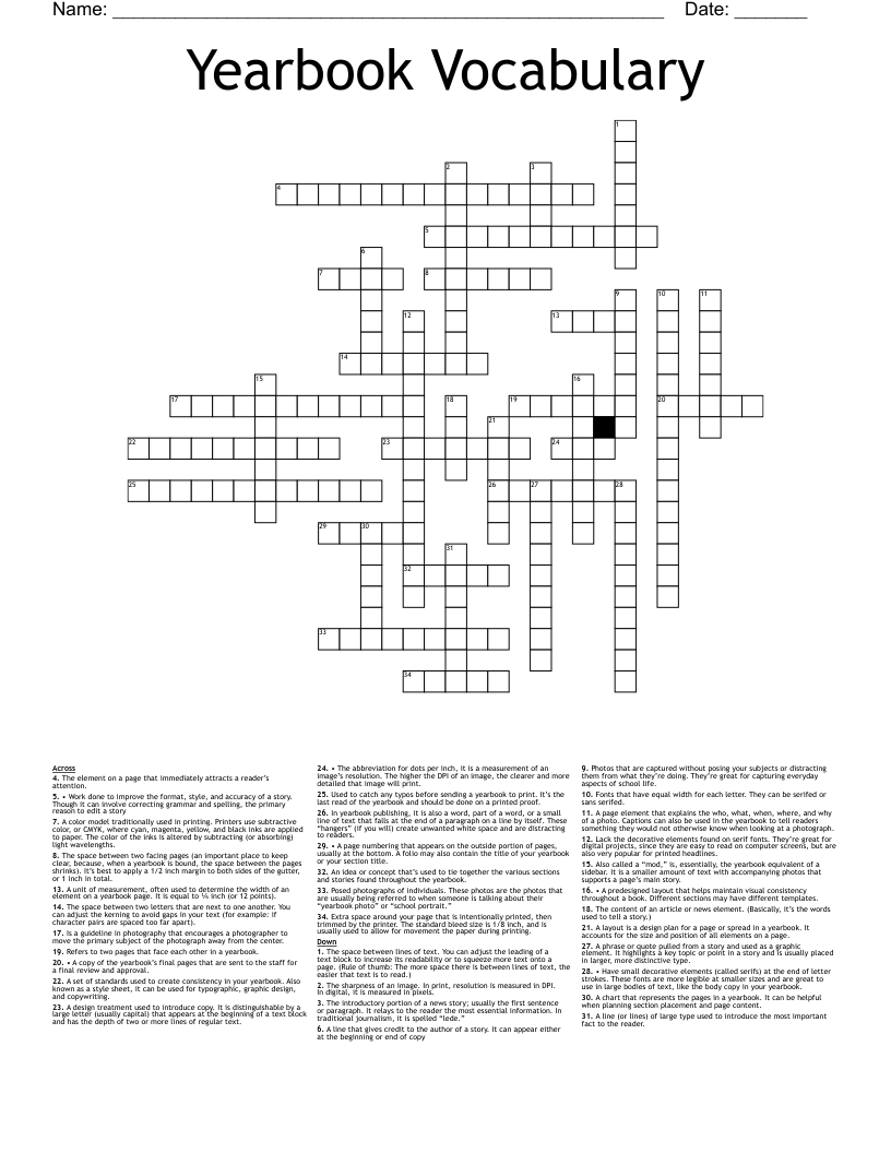 Yearbook Vocabulary Crossword