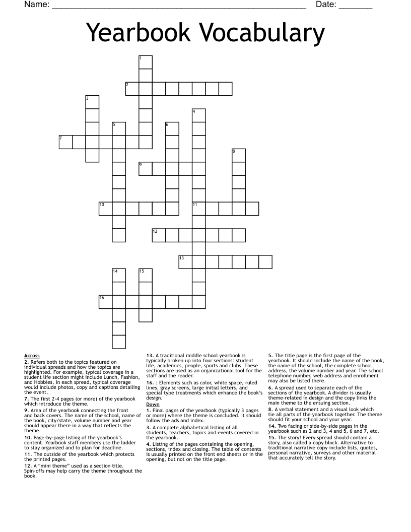 Yearbook Vocabulary Crossword