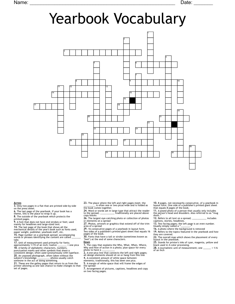 Yearbook Vocabulary Crossword