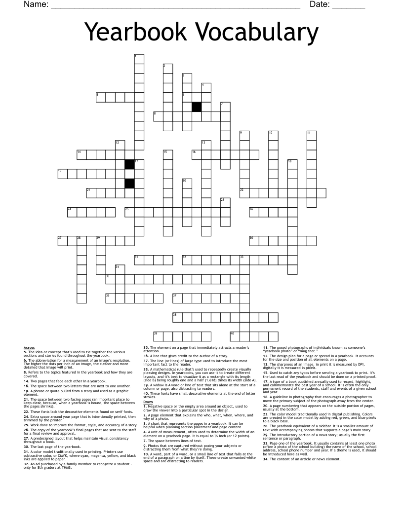 Yearbook Vocabulary Crossword