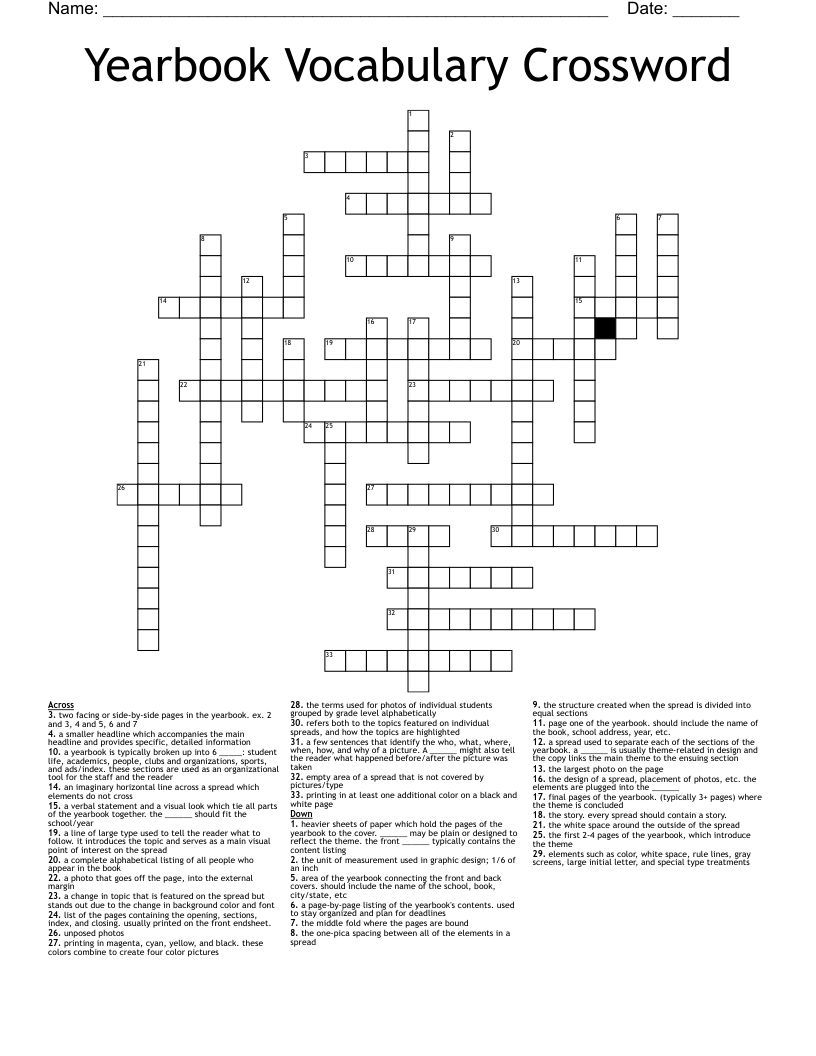 Yearbook Vocabulary Crossword