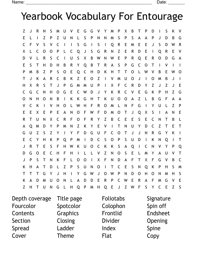 Yearbook Vocabulary For Entourage Word Search
