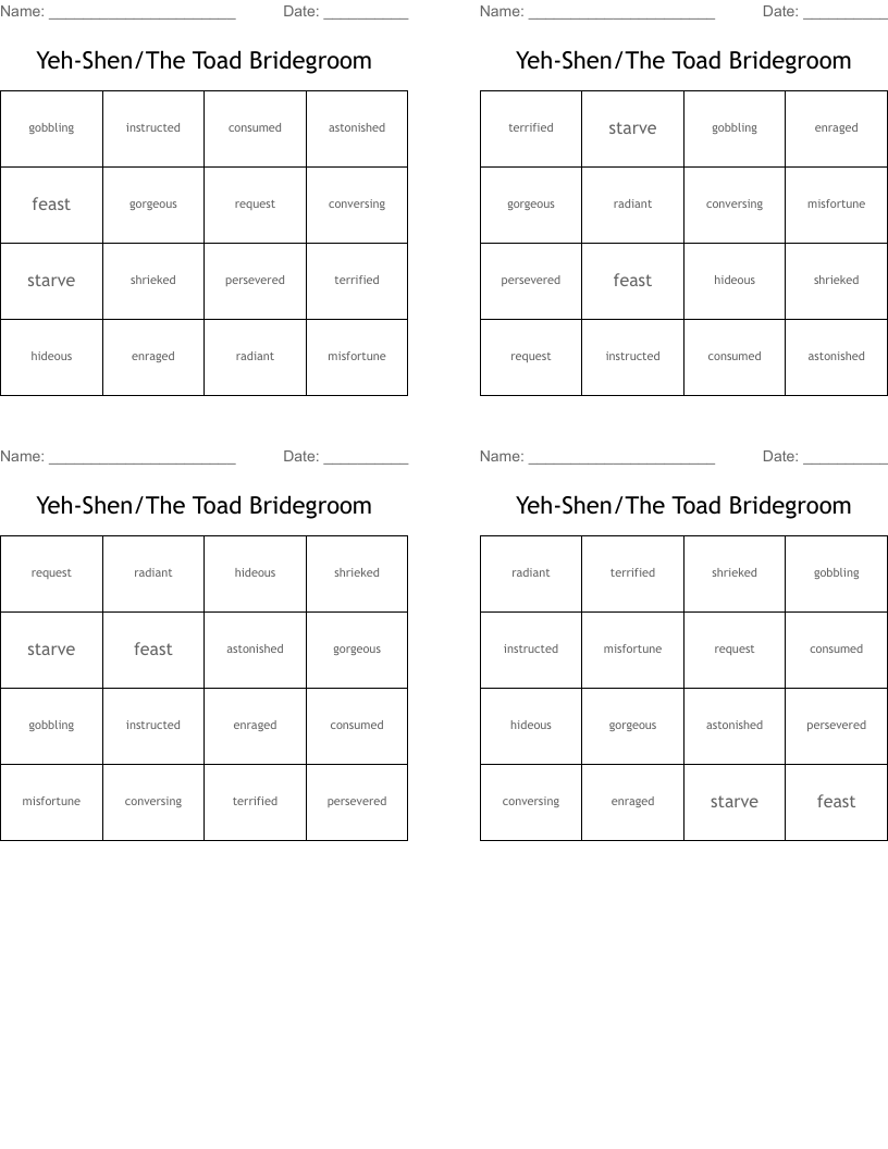 Yeh-Shen/The Toad Bridegroom Bingo Cards